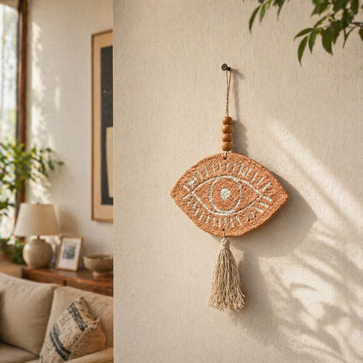 Minimalist Evil Eye Wall Hanging | Paper Mâché & Wood