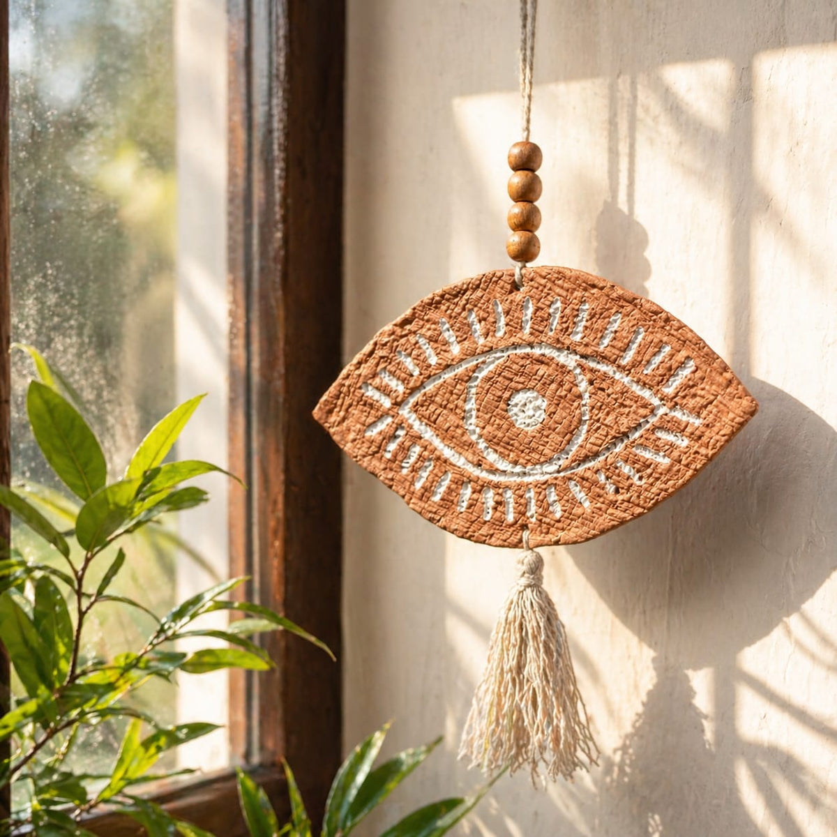 Minimalist Evil Eye Wall Hanging | Paper Mâché & Wood