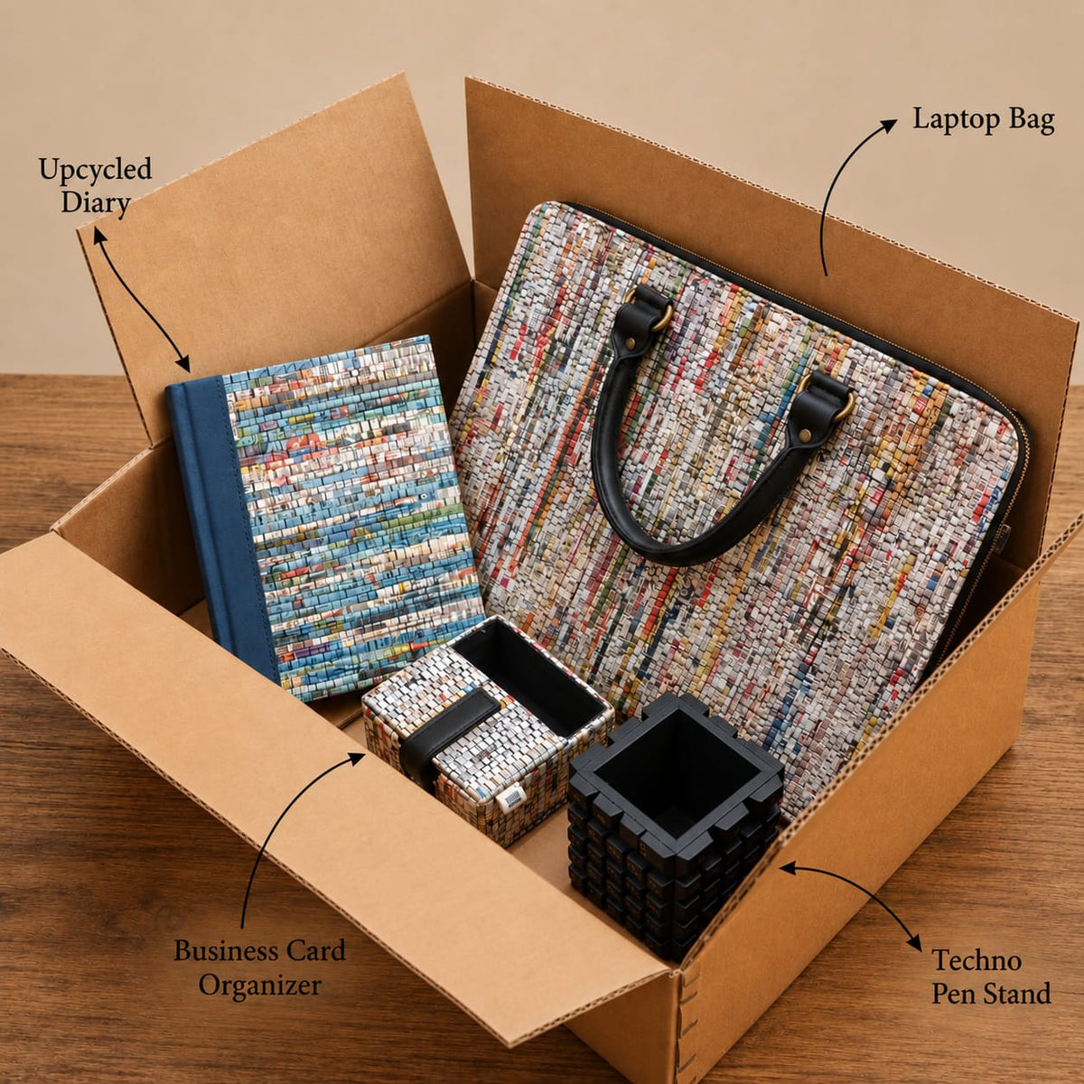Sustainable Corporate Gift Hamper | Upcycled Laptop Bag, Diary & Desk Accessories