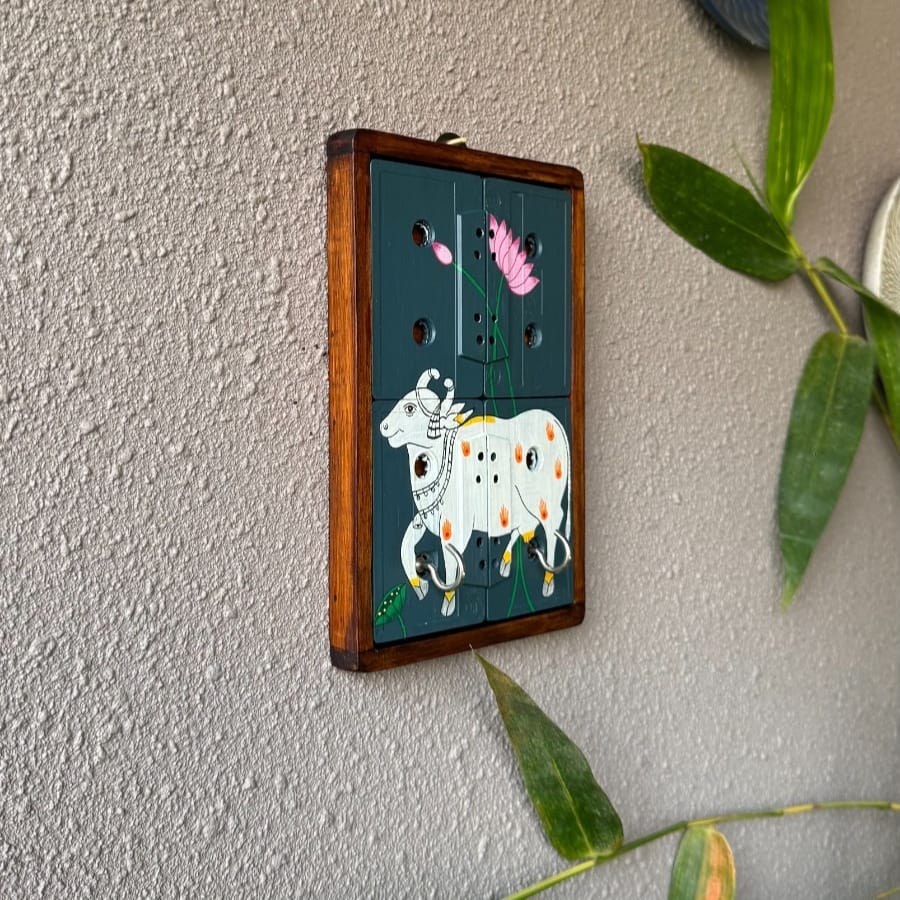 Pichwai Nandi Art Geet Key Holder | Handpainted Upcycled Wall Key Holder | ScrapShala