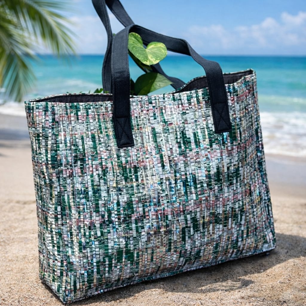 CHAMKILA Upcycled Tote Bag – Eco-Friendly Multicolor Tote Made from Single-Use Plastic Wrappers | Handcrafted by Women Artisans