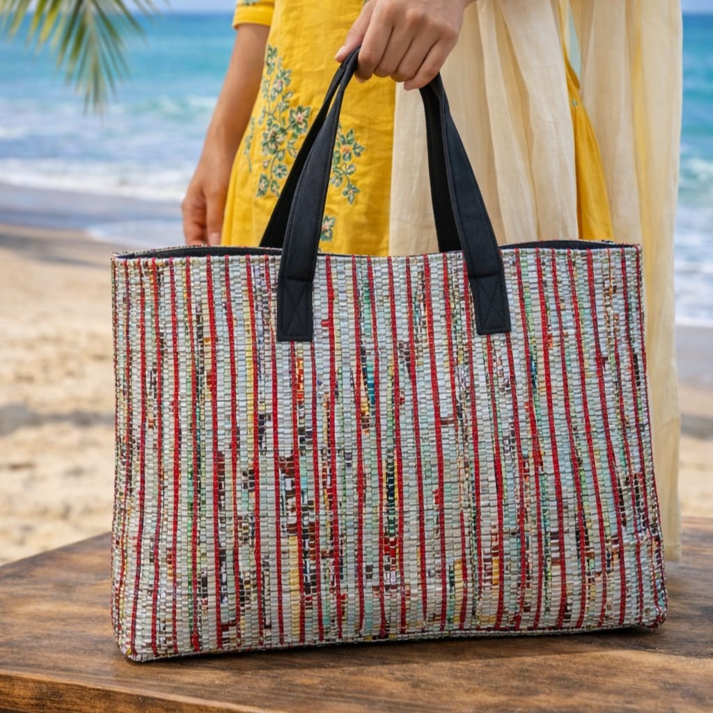 CHAMKILA Upcycled Tote Bag – Eco-Friendly Multicolor Tote Made from Single-Use Plastic Wrappers | Handcrafted by Women Artisans