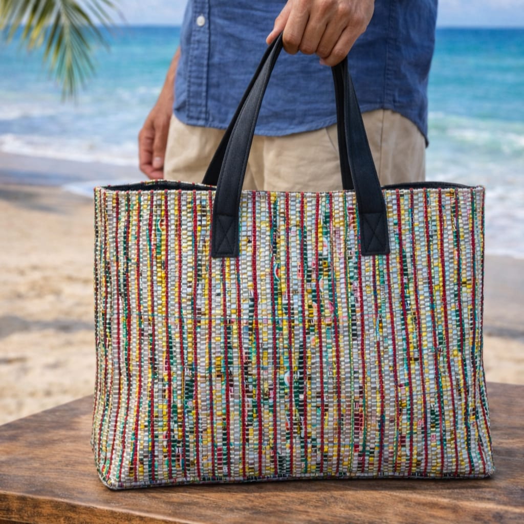 CHAMKILA Upcycled Tote Bag – Eco-Friendly Multicolor Tote Made from Single-Use Plastic Wrappers | Handcrafted by Women Artisans