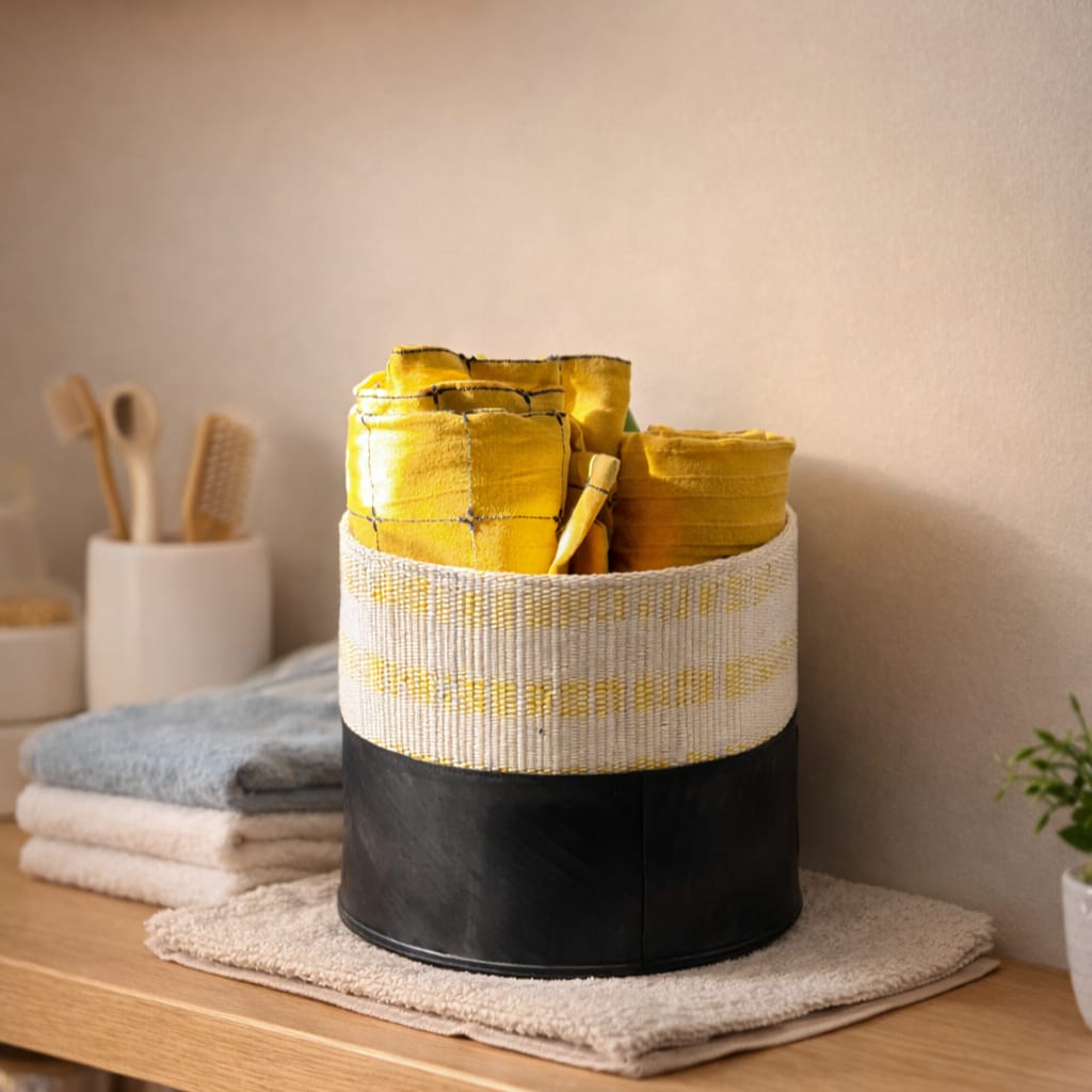 Safar Upcycled Big Upcycled Basket | Tyre Tube & Chamkila Textile Storage Basket | Multipurpose Planter | Scrapshala