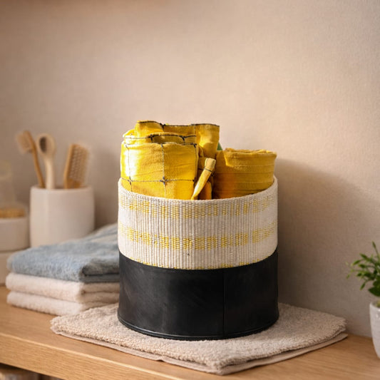 Safar Upcycled Big Upcycled Basket | Tyre Tube & Chamkila Textile Storage Basket | Multipurpose Planter | Scrapshala