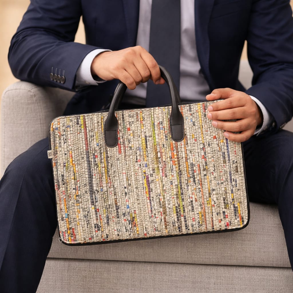 Eco-Friendly Laptop Bag | Upcycled Newspaper Textile and Tyre tubes | Scrapshala