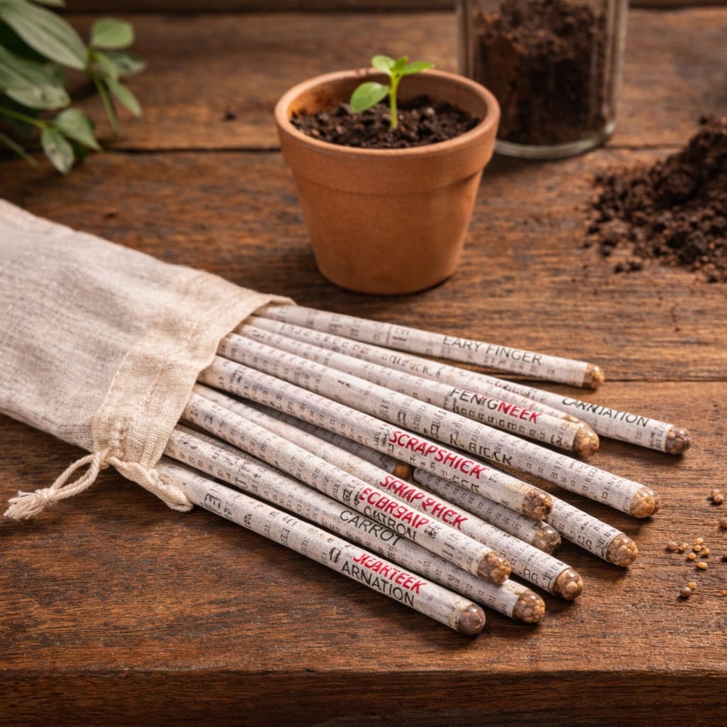 Plantable Pencil Pack (Set of 10) – Seed Pencils in Cotton Pouch | Upcycled Newspaper | Scrapshala