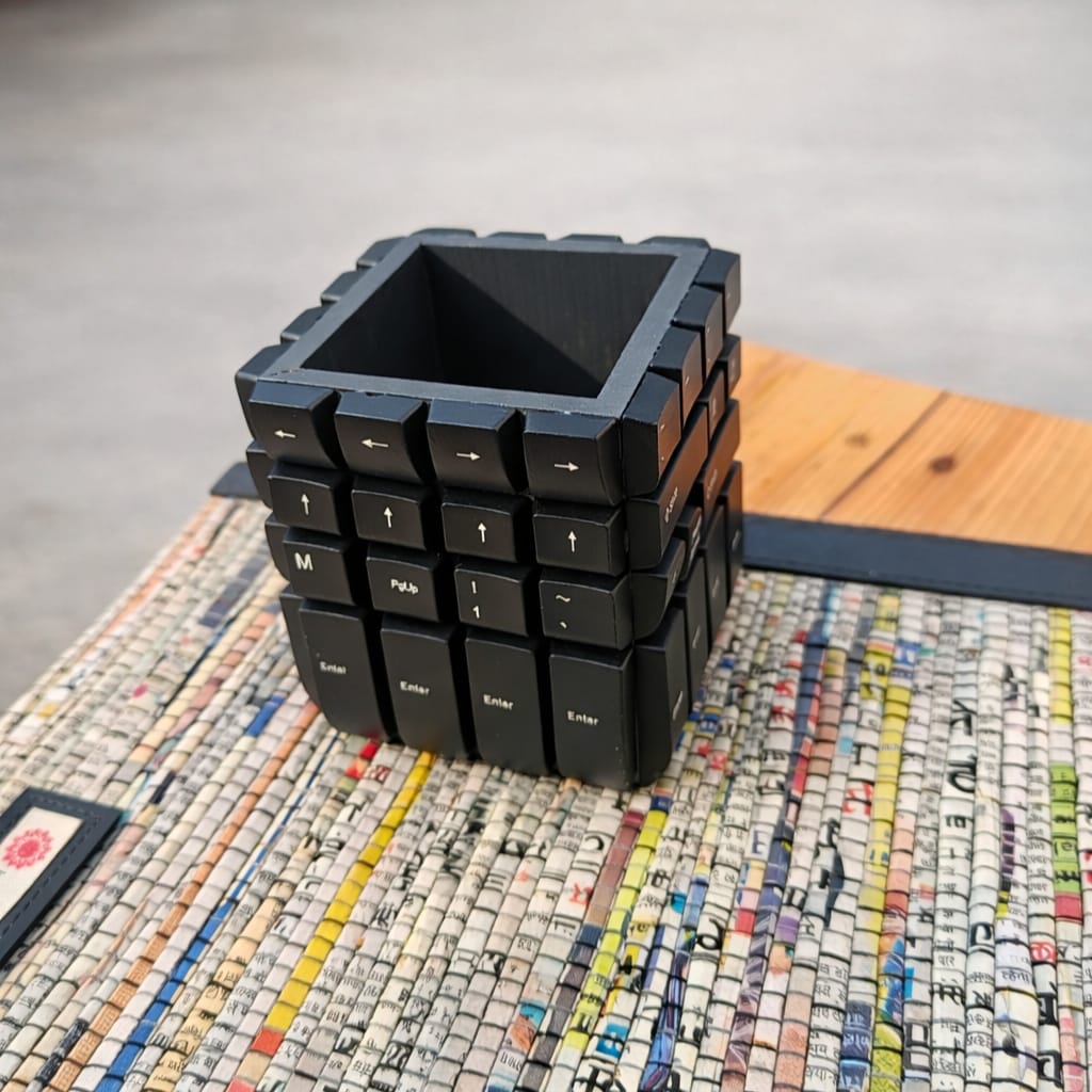 Techno Table Organizer | Upcycled Desk Organizer from E-Waste Keyboards and Reclaimed Wood | Rozana Range by Scrapshala