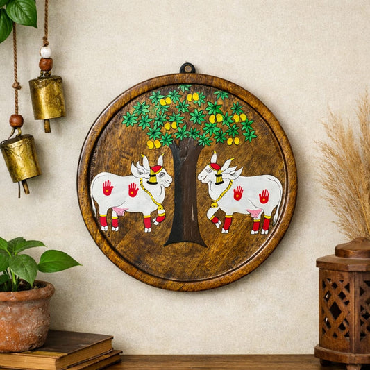 Pichwai Nandi Under the Tree Wooden Wall Plate (10 inch) | Handpainted Reclaimed Mango Wood Décor | Scrapshala