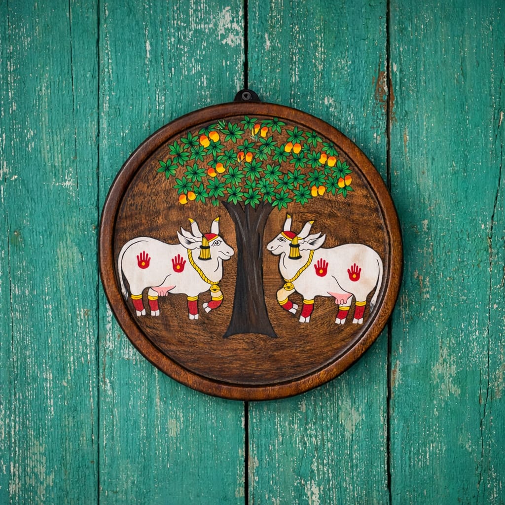 Pichwai Nandi Under the Tree Wooden Wall Plate (10 inch) | Handpainted Reclaimed Mango Wood Décor | Scrapshala