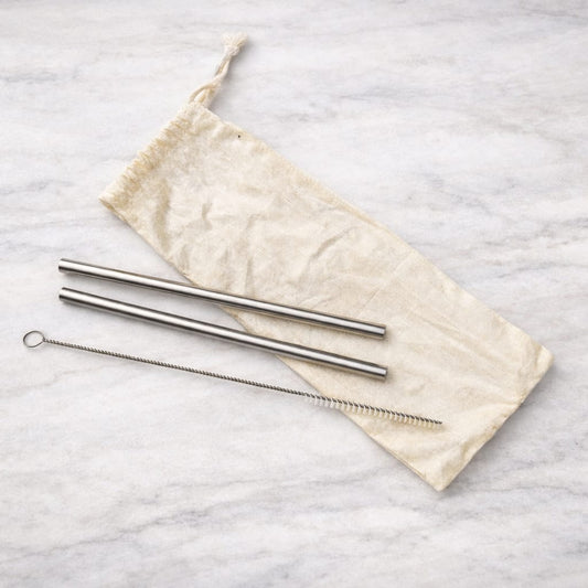 Reusable Stainless Steel Straws (Set of 2) | With Straw Cleaner & Cotton Pouch | Plastic-Free & Travel Friendly