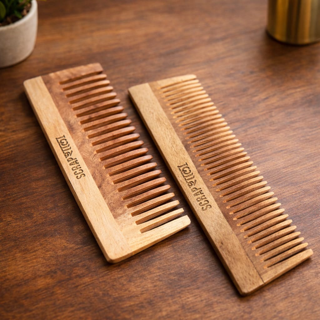 Neem Wood Hair Comb Set (Pack of 2) | Anti-Dandruff, Anti-Static & Plastic-Free Hair Care