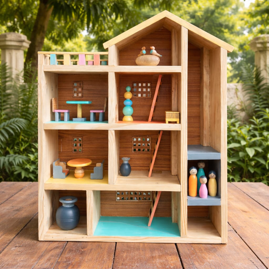 Wooden Doll House with Furniture | 4 Storey Pretend Play House | Handmade from Reclaimed Wood | Scrapshala