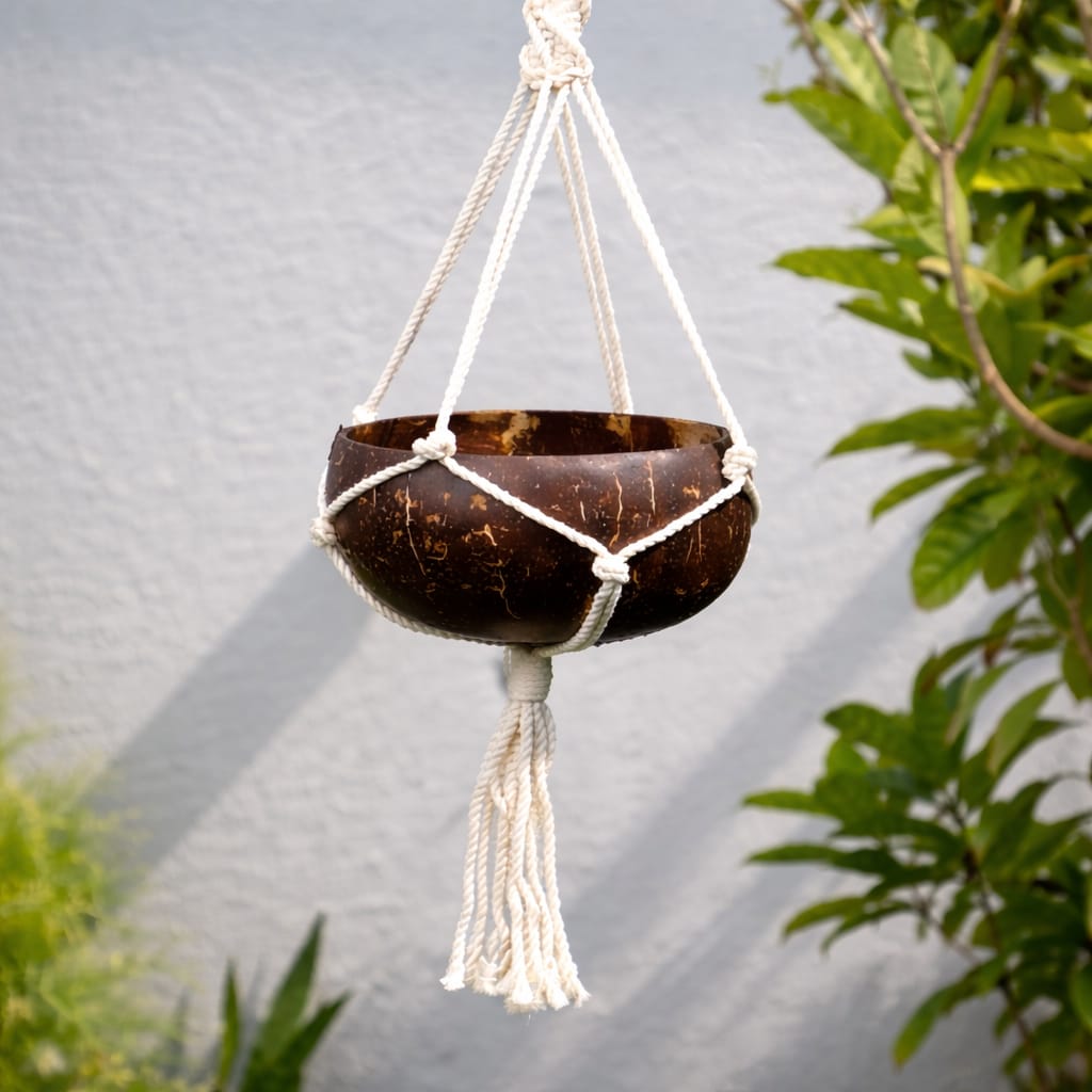 Upcycled Coconut Shell Macramé Planter | Sustainable Hanging Pot for Indoor & Balcony | Green Gifting | Made in India