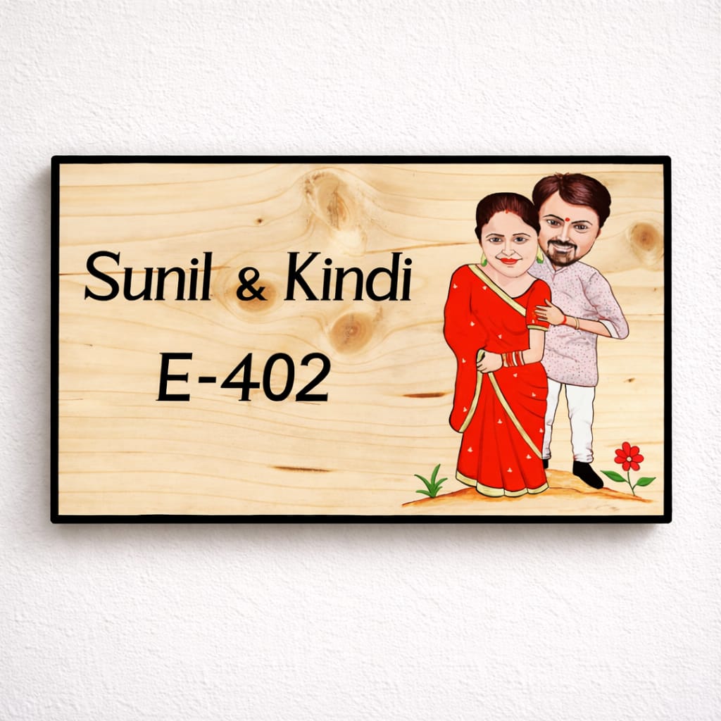 Personalized Caricature Nameplate | Handpainted Wooden Name Board | Custom Home Entrance Décor | Scrapshala