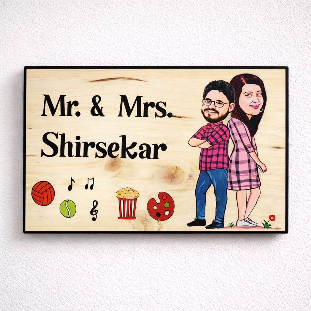 Personalized Caricature Nameplate | Handpainted Wooden Name Board | Custom Home Entrance Décor | Scrapshala