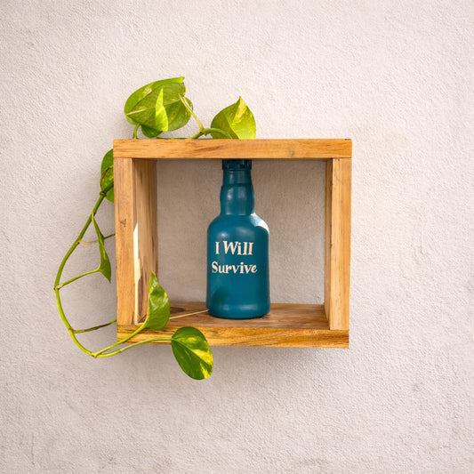 I Will Survive – Blue Upcycled Glass Bottle Planter | Handmade Wooden Wall & Table Planter