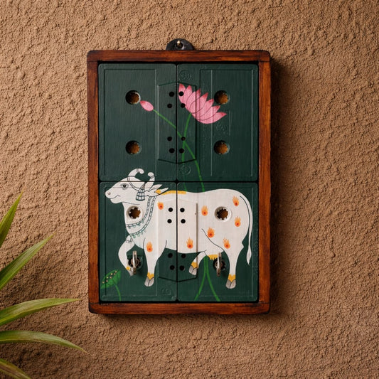 Pichwai Nandi Art Geet Key Holder | Handpainted Upcycled Wall Key Holder | ScrapShala