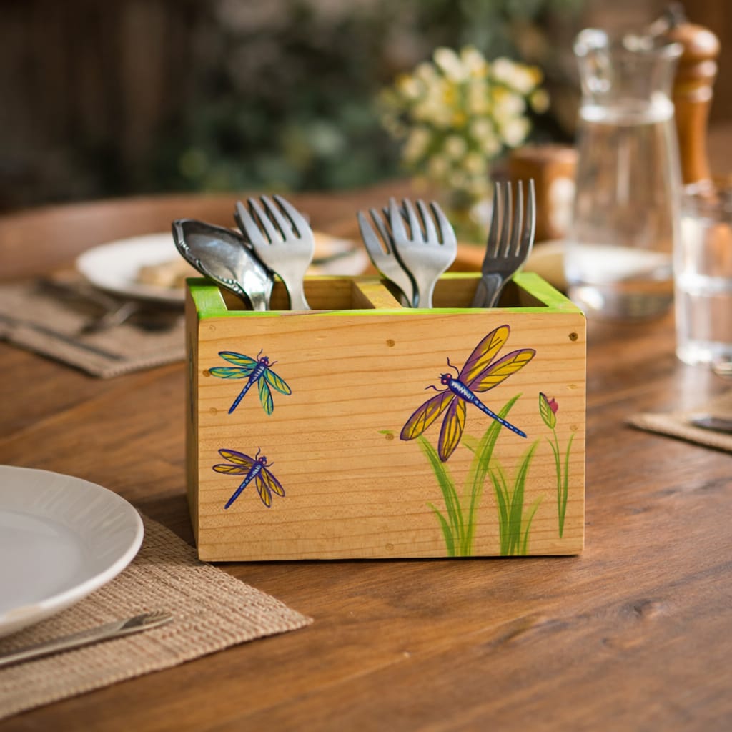 Dragonfly Wooden Cutlery Holder | Handmade Multipurpose Table Organizer | ScrapShala