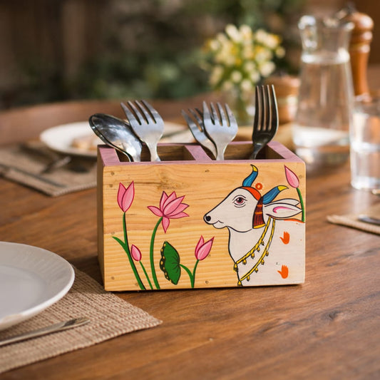 Pichwai Cow Cutlery Holder | Hand-Painted Wooden Table Organizer | Reclaimed Pine Wood | Scrapshala