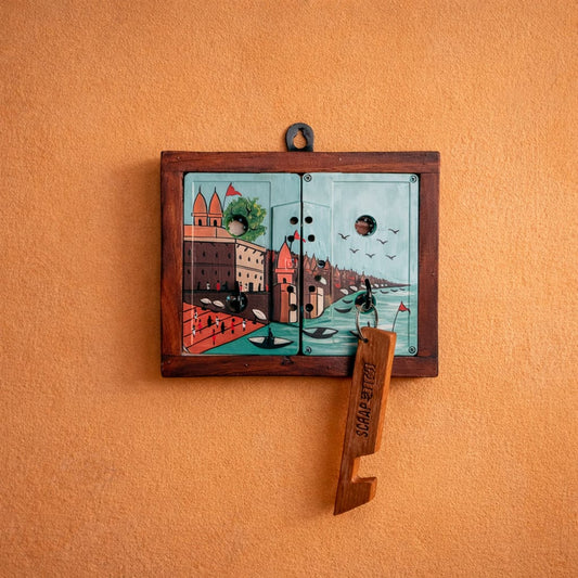 Ghats of Banaras Key Holder | 2 Key Hooks | Handpainted | Upcycled Audio Cassette | Scrapshala