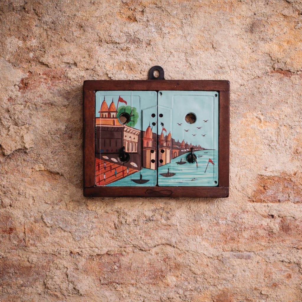 Ghats of Banaras Key Holder | 2 Key Hooks | Handpainted | Upcycled Audio Cassette | Scrapshala