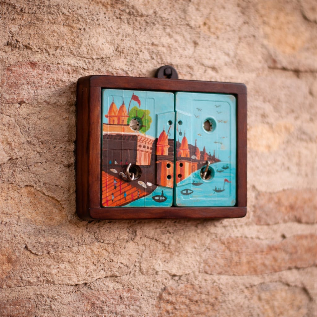 Ghats of Banaras Key Holder | 2 Key Hooks | Handpainted | Upcycled Audio Cassette | Scrapshala
