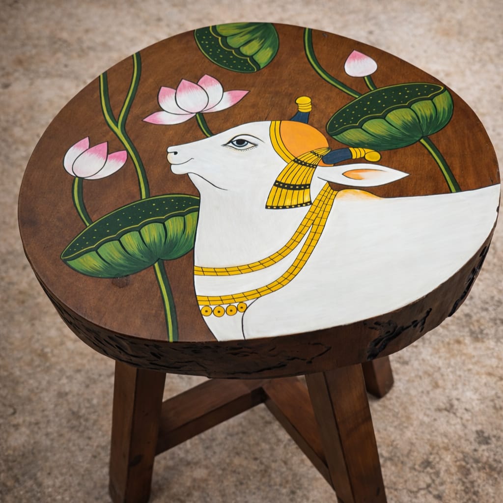 Nandi Pichwai Handpainted Coffee Table | Reclaimed Live-Edge Wood | Sustainable Indian Furniture | Scrapshala