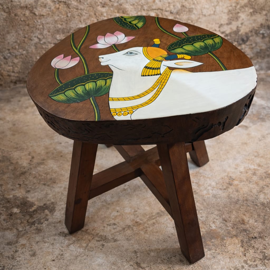 Nandi Pichwai Handpainted Coffee Table | Reclaimed Live-Edge Wood | Sustainable Indian Furniture | Scrapshala