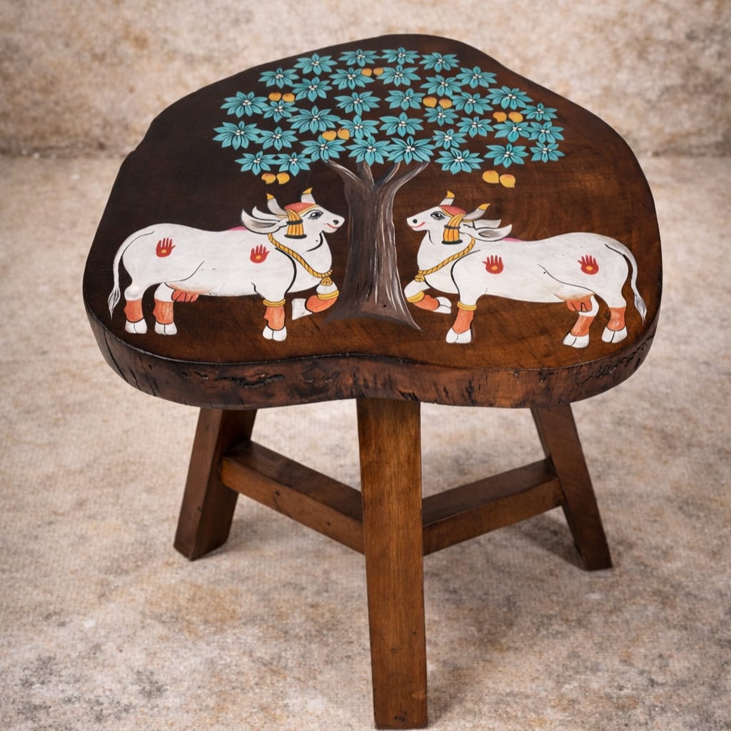 Pichwai Nandi Under the Mango Tree Coffee Table | Handpainted Reclaimed Wood Table | Sustainable Furniture by Scrapshala