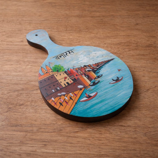 Ghats of Varanasi Handpainted Round Wooden Wall Art | Reclaimed Wood Décor