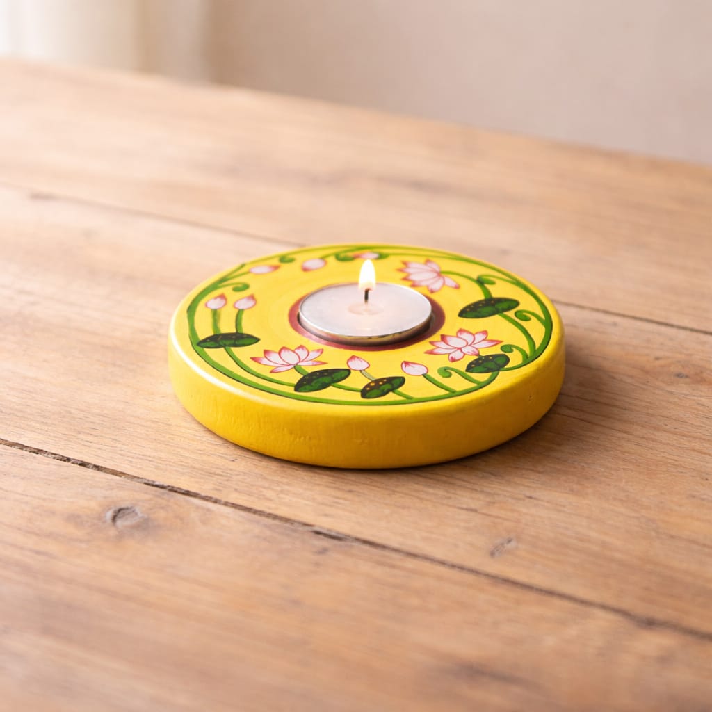Yellow Pichwai Candle Holder | Ethnic Hand-Painted Wooden Tea Light Stand | Handcrafted Home, Hotel & Pooja Ghar Décor by Scrapshala