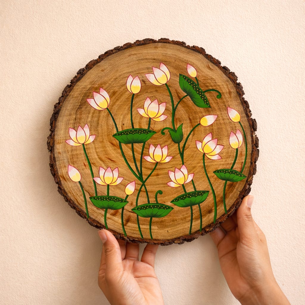 Pichwai Lotus Live Edge Wooden Wall Plate | Contemporary | Unique Gifts | Scrapshala