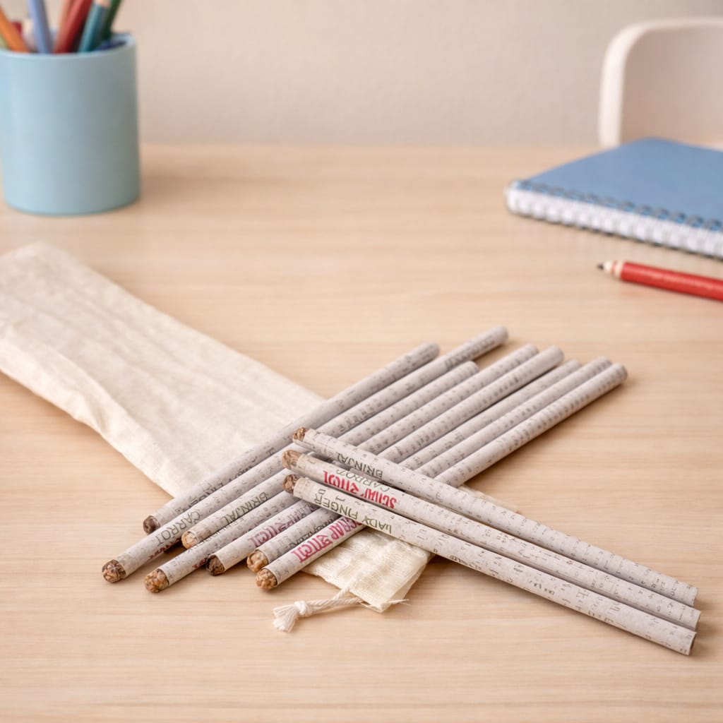 Plantable Pencil Pack (Set of 10) | Seed Pencils in Cotton Pouch | Upcycled Newspaper | Scrapshala