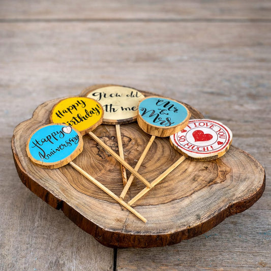 Reusable Wooden Cake Topper Set (Pack of 5) | Handpainted & Plastic-Free Party Décor | ScrapShala