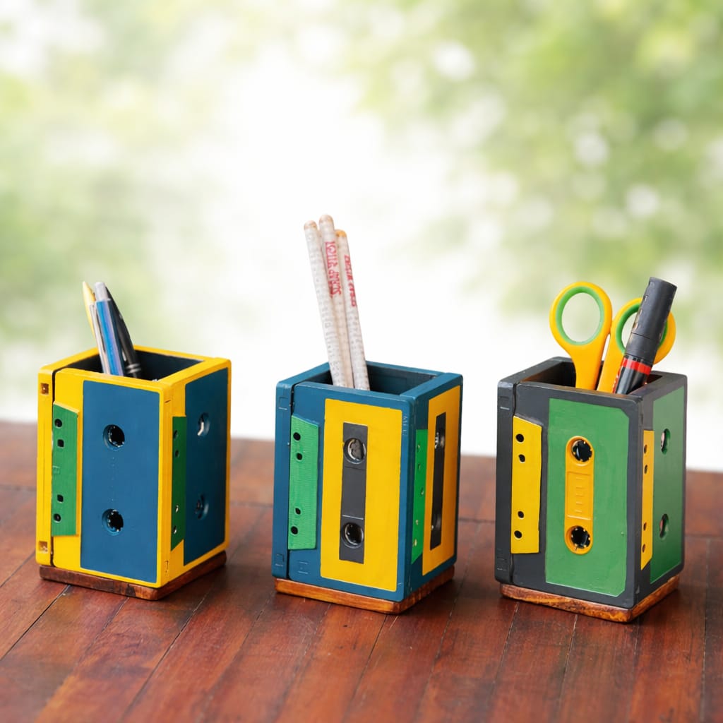 Geet Table Organizer Set of 3 | Upcycled from Audio Tapes | Eco-Friendly Handmade Desk Organizer & Pen Stand by Scrapshala