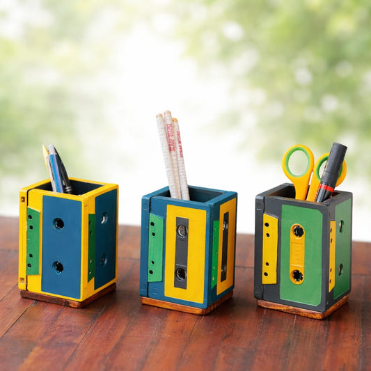 Geet Table Organizer Set of 3 | Upcycled from Audio Tapes | Eco-Friendly Handmade Desk Organizer & Pen Stand by Scrapshala