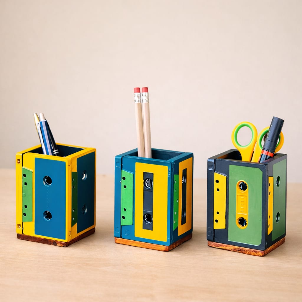 Geet Table Organizer Set of 3 | Upcycled from Audio Tapes | Eco-Friendly Handmade Desk Organizer & Pen Stand by Scrapshala