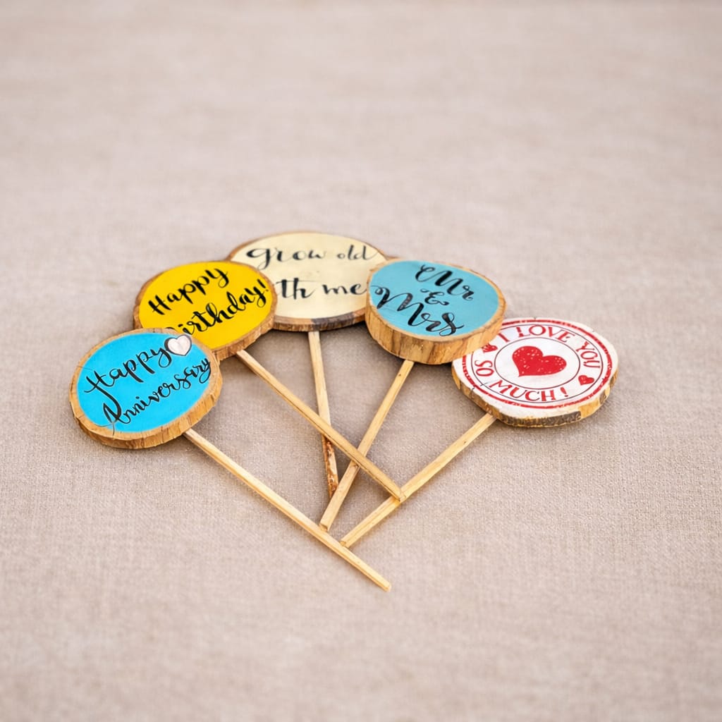Reusable Wooden Cake Topper Set (Pack of 5) | Handpainted & Plastic-Free Party Décor | ScrapShala