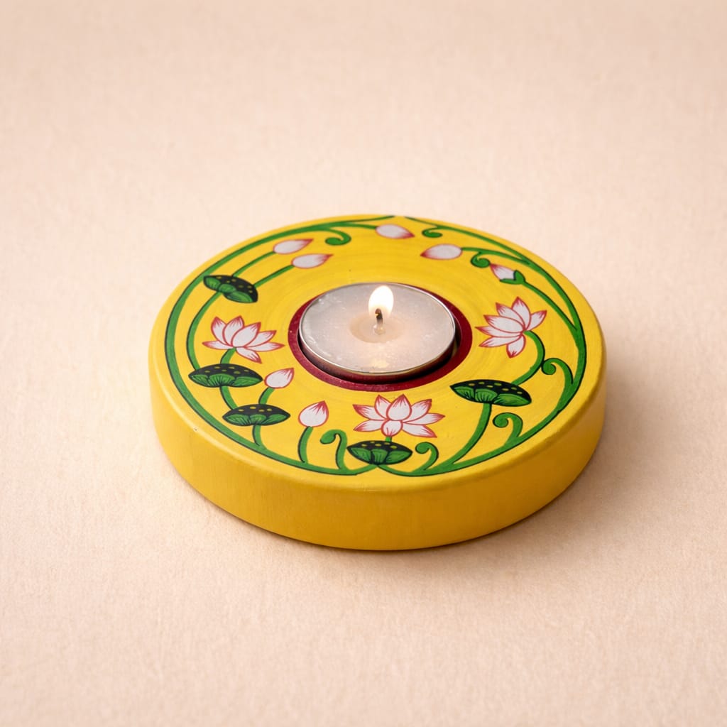 Yellow Pichwai Candle Holder | Ethnic Hand-Painted Wooden Tea Light Stand | Handcrafted Home, Hotel & Pooja Ghar Décor by Scrapshala