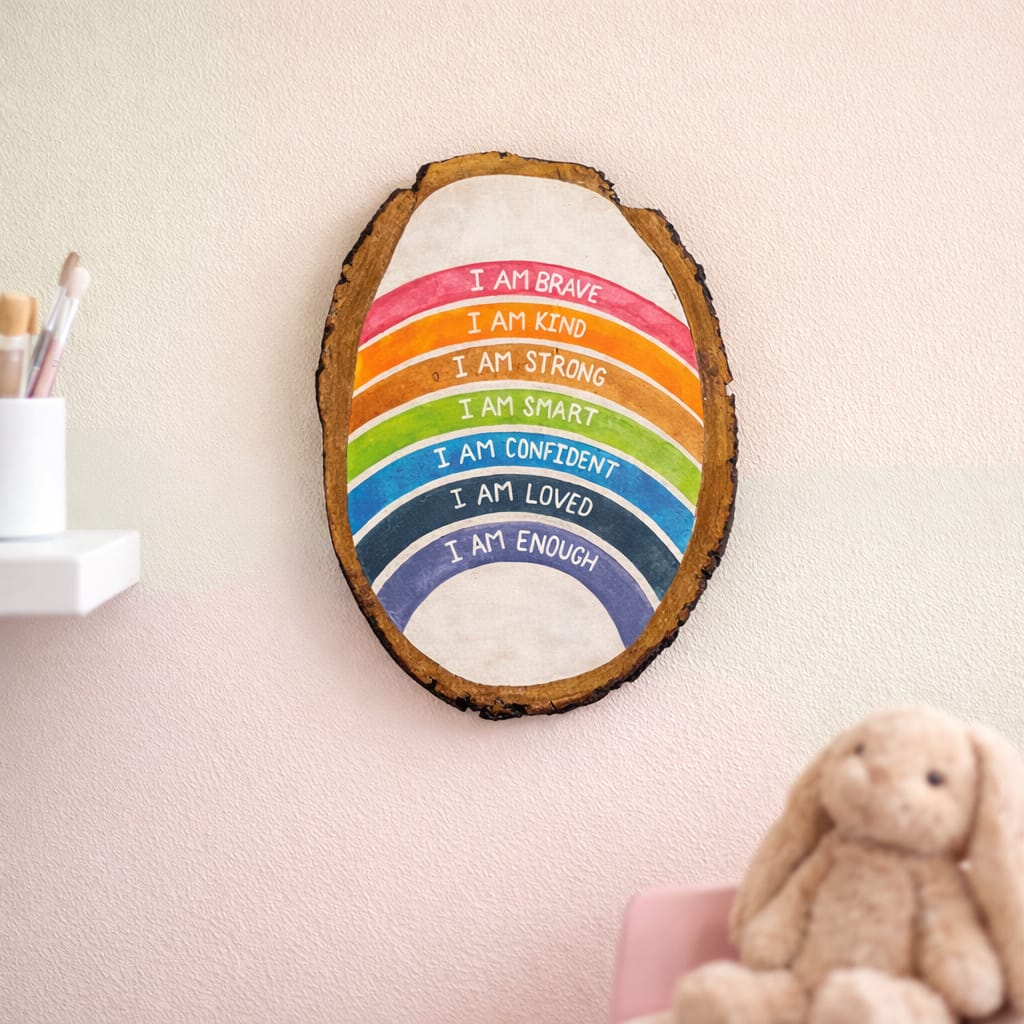 Affirmations Wooden Log Plate | Live Edge Wood | Hand-painted | Stain-proof | Upcycled | Scrapshala