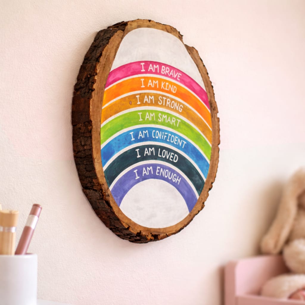 Affirmations Wooden Log Plate | Live Edge Wood | Hand-painted | Stain-proof | Upcycled  | Scrapshala