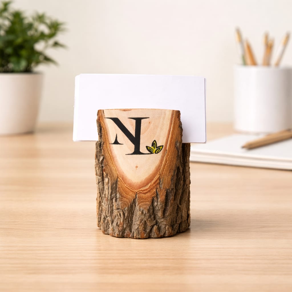 Rustic Log Card Holder | Live Edge Wooden Business Card Stand (Custom Logo Engraving Available)