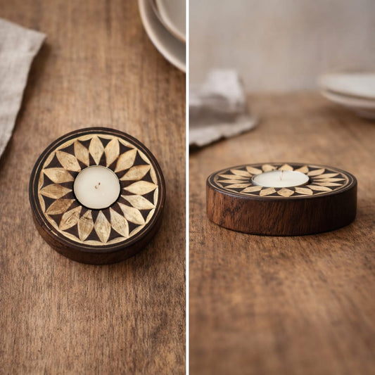 Mandala T-light Holder | Handpainted | Natural Reclaimed Wood | Rustic | Scrapshala