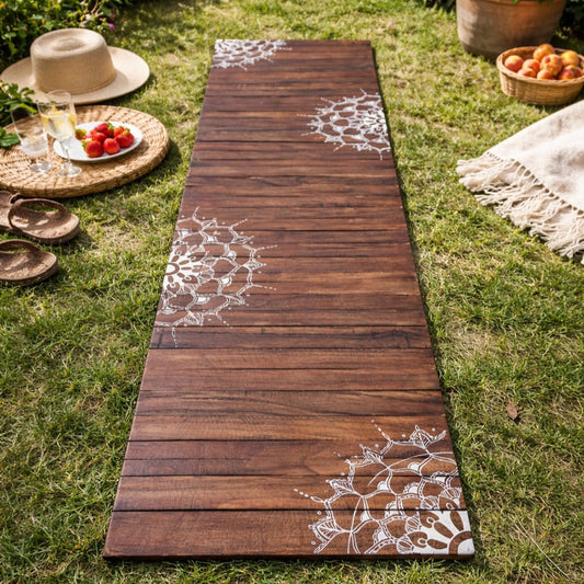 Mandala Dark Runner Mat | Natural Wood | Foldable | Stain-Proof | Multipurpose | Heat Resistant
