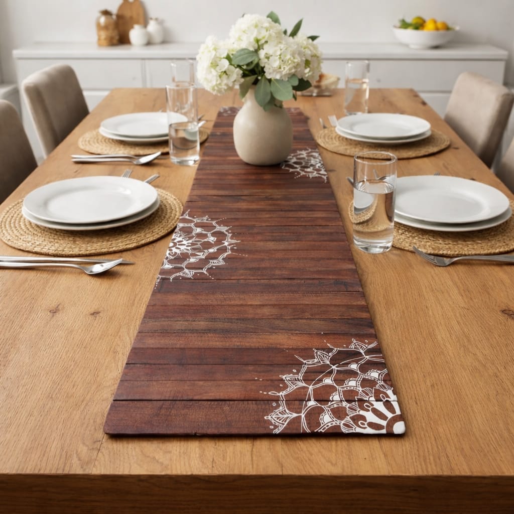 Mandala Dark Runner Mat | Natural Wood | Foldable | Stain-Proof | Multipurpose | Heat Resistant
