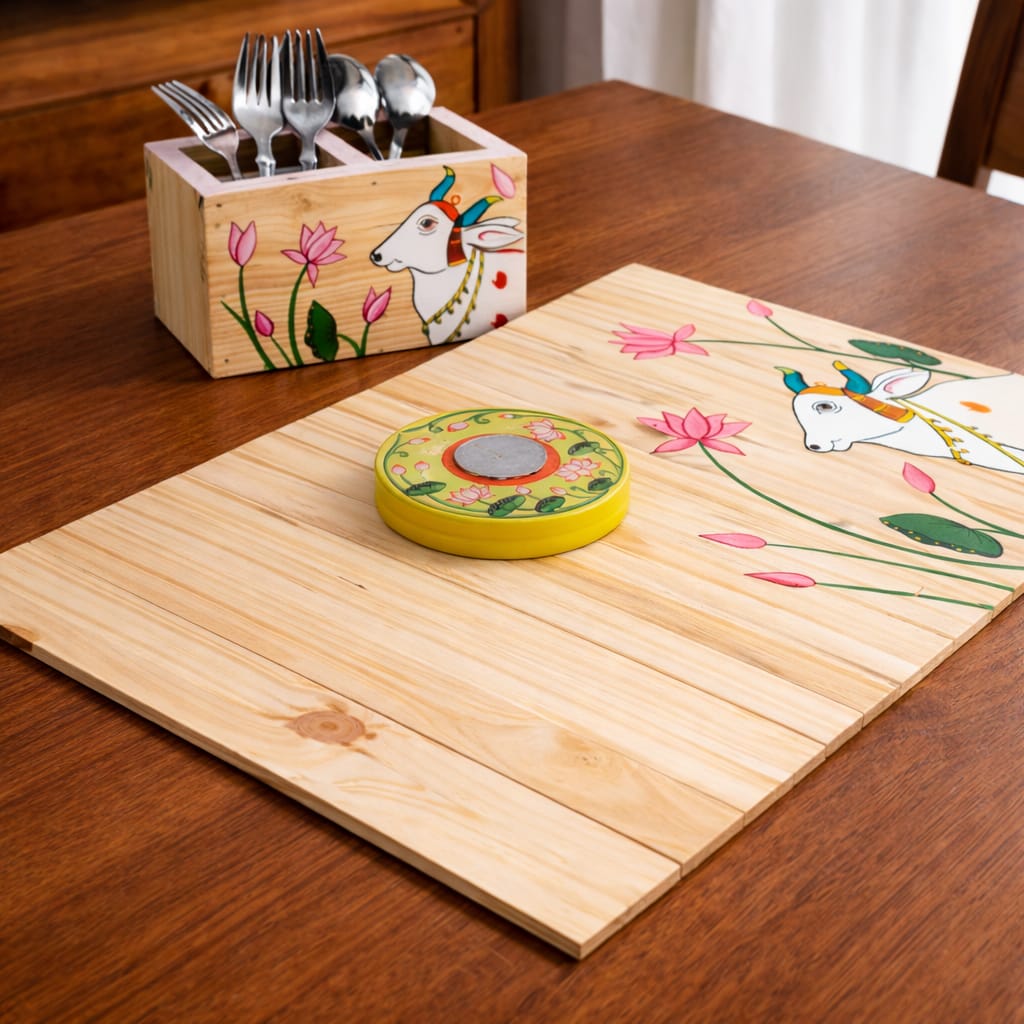 Pichwai Cow Cutlery Holder | Hand-Painted Wooden Table Organizer | Reclaimed Pine Wood | Scrapshala