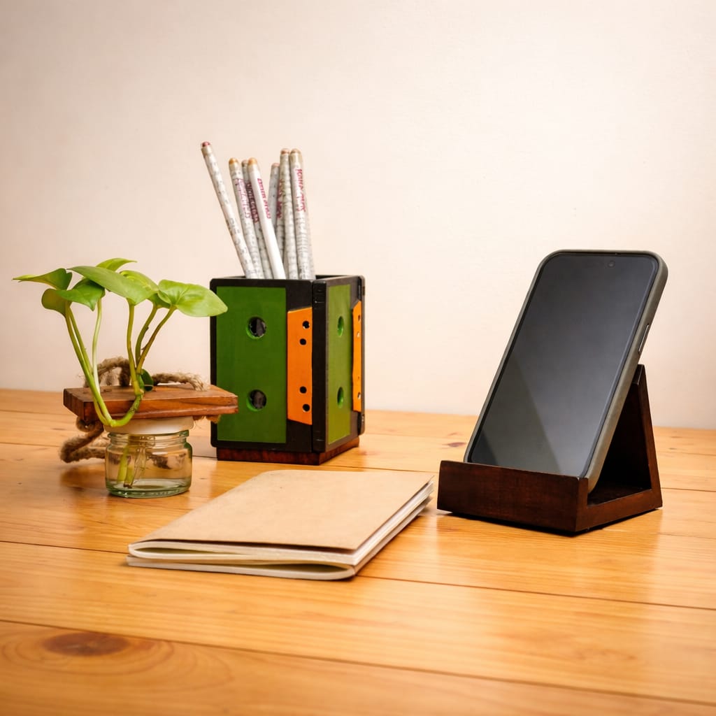 Green My Desk Gift Hamper | Upcycled Penstand | Pack of 4 notepads | Hanging indoor planter | Office mobile holder| Sustainably handcrafted