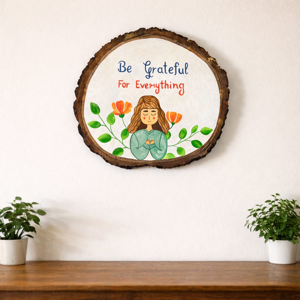 Grateful Wooden Log Plate | Live Edge Wood | Hand-painted | Stain-proof | Upcycled  | Scrapshala
