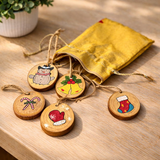 Christmas Ornaments Pack of five hanging | Handpainted, Reusable & Multipurpose | Natural Wood Décor by Scrapshala